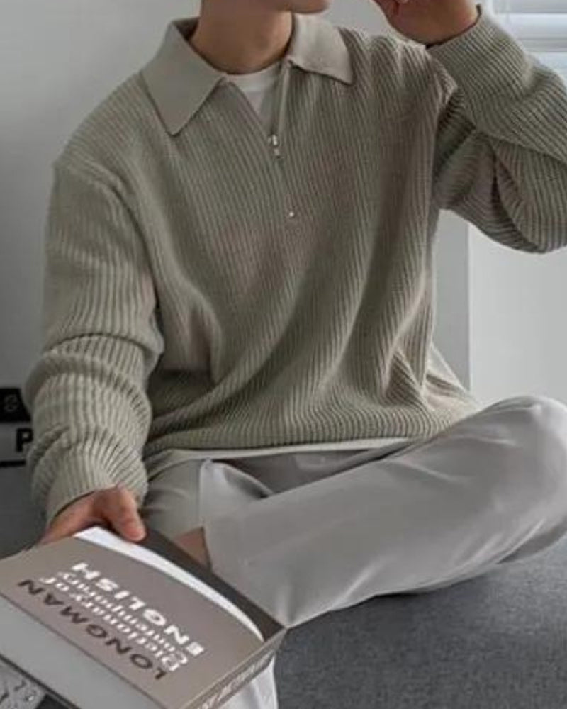 Men’s Knitted Jumper with Polo Collar and Front Zip