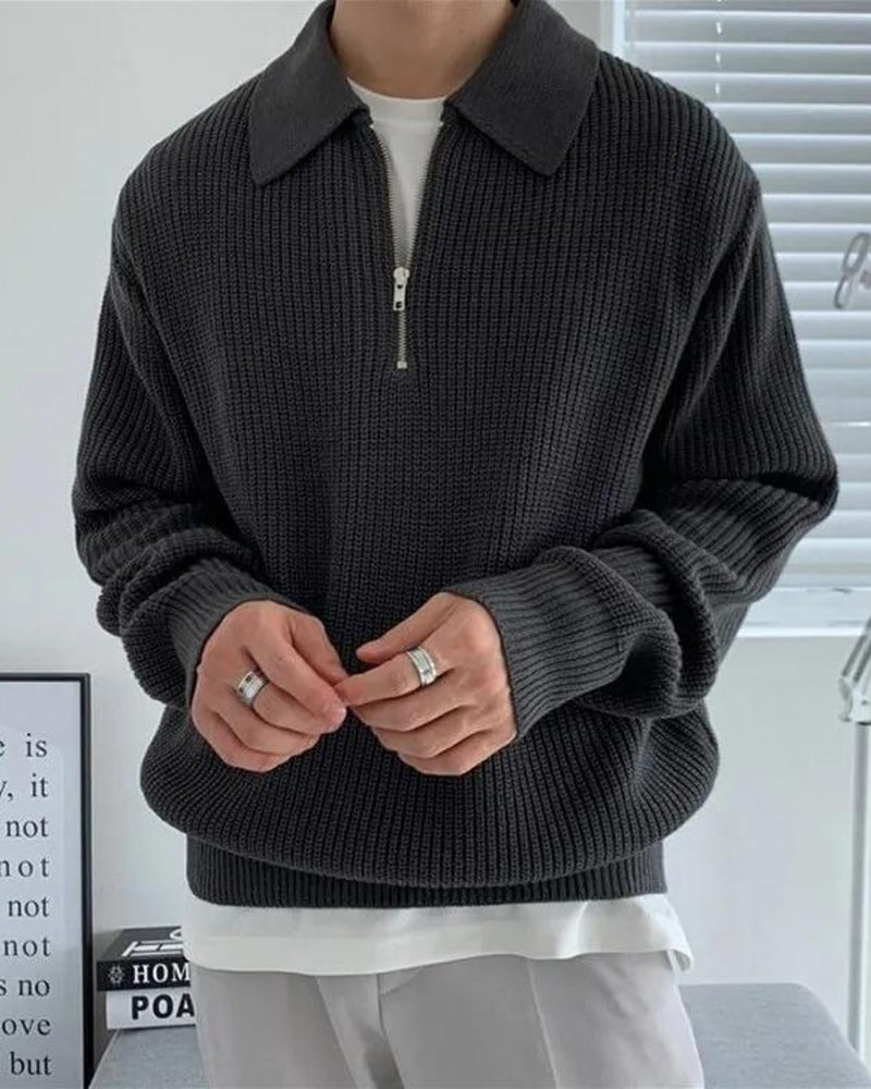 Men’s Knitted Jumper with Polo Collar and Front Zip